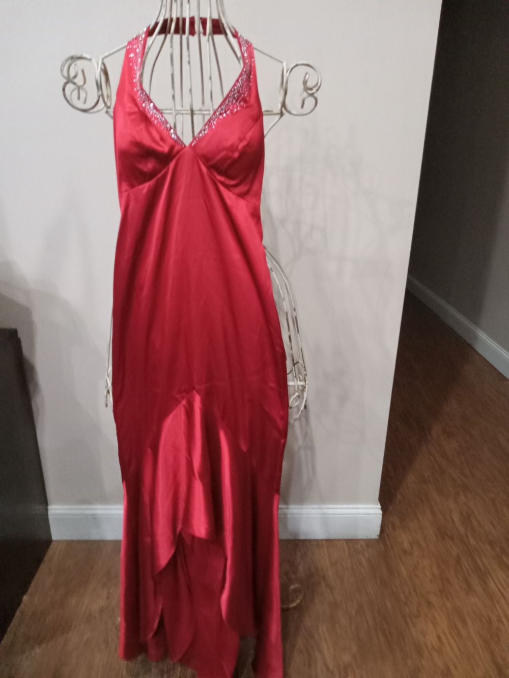 Blondie Nites Red Satin Halter Chemise with Beaded V-Neck Prom Homecoming Formal